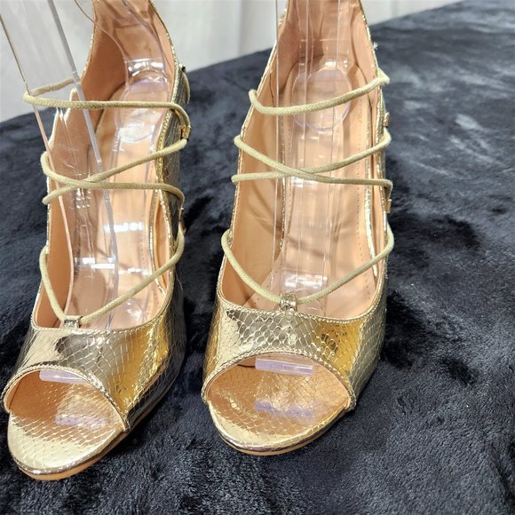 M&L Gold Metallic Material Open Round Toe Strappy Tie Detail 4" Stiletto Heels - Picture 2 of 8